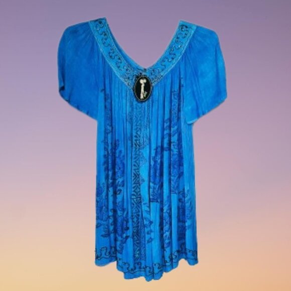 NWT Shoreline Turquoise V-Neck Embroidered Tunic - 1X - Picture 1 of 8